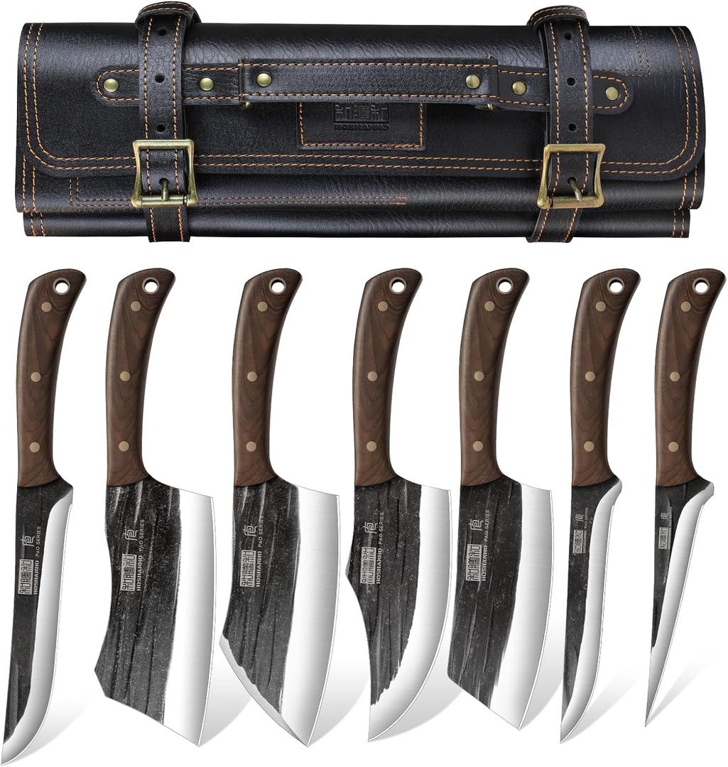 Butcher Knife Set, Hand Forged Butcher Chef Knife Set with Roll Bag, Sharp Meat Cleaver Knife & Bone Chopper Knives & Fillet Knives for Home & Camping & BBQ Gift for Men
