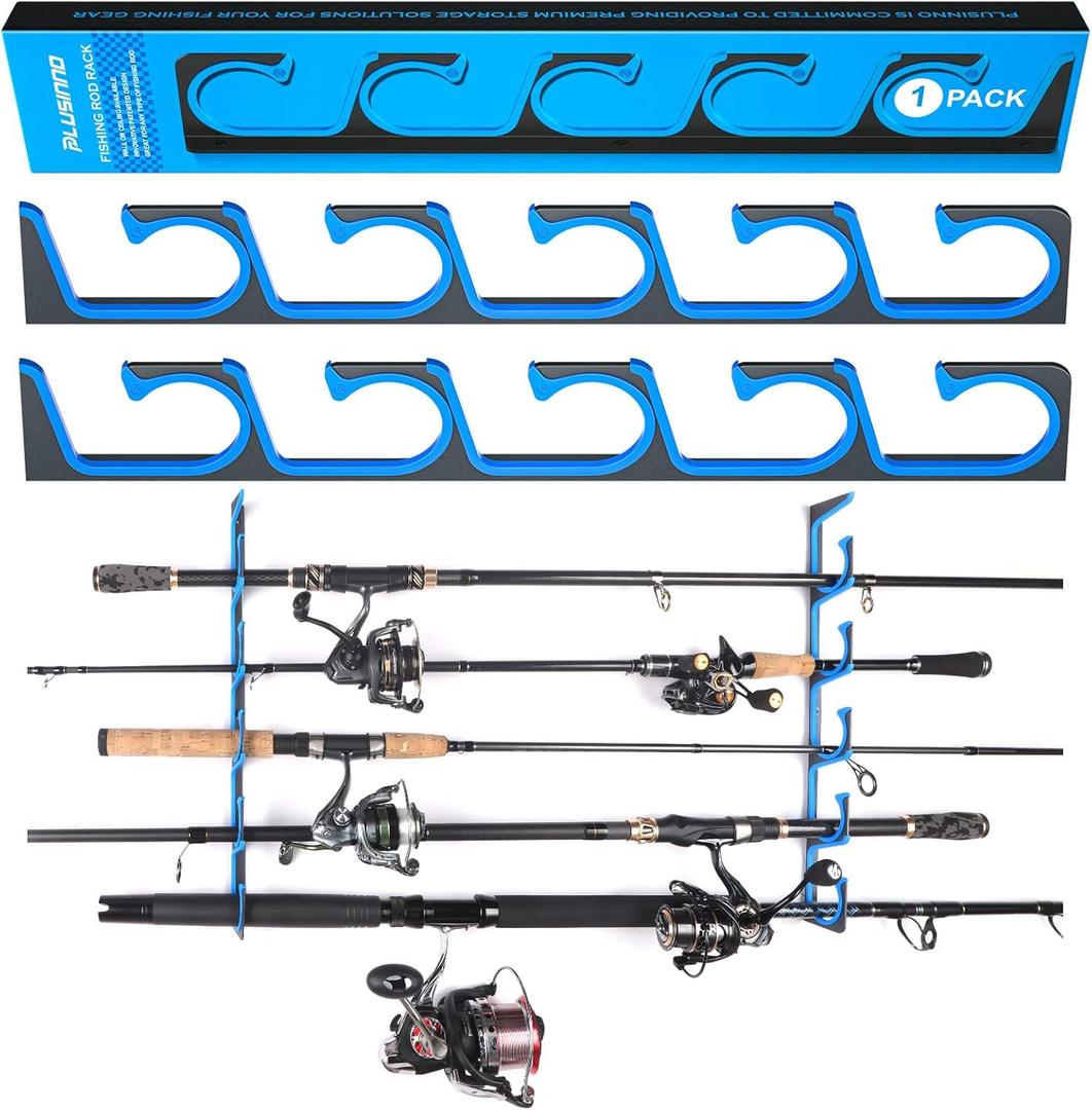 PLUSINNO H5 Horizontal Fishing Rod/Pole Holders for Garage, Wall or Ceiling Mounted Fishing Rod Rack, Aviation Aluminum Fishing Holder Holds up to 5/10/20 Rod or Combos Fishing Gear and Gifts for Men