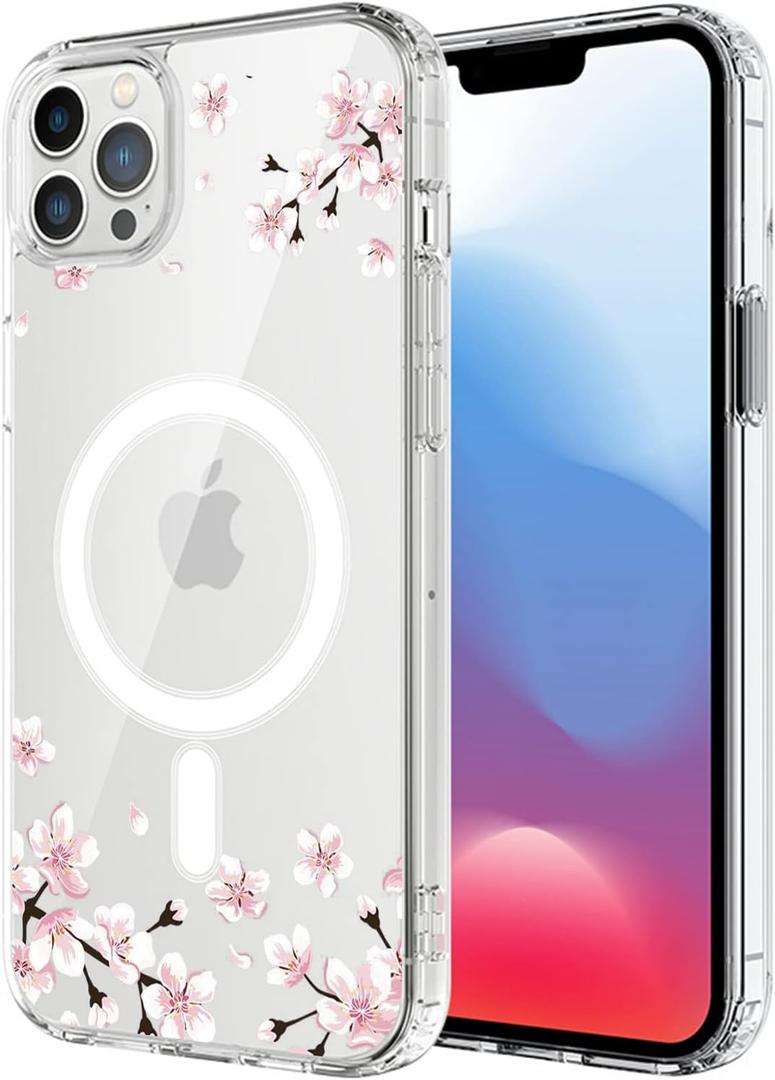 Magnetic Sakura Case for iPhone 13 Pro Compatible with MagSafe Wireless Charging Cute Cherry Blossom Design Shockproof Anti-Scratch Cover for Men&Women (Clear) for iPhone 13 Pro