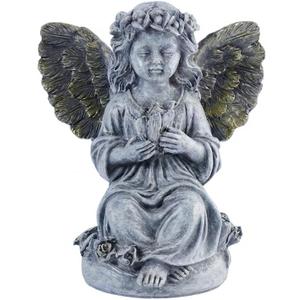 Garden Statues Outdoor Angel Statue Praying Cherub with Gold Wings Gray Resin Memorial Garden Decor Weatherproof for Cemetery Graveyard Indoor Outdoor Display Gift