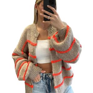 QIBABU Womens Striped Cardigan Sweaters Casual Open Front Long Sleeve Button Down Knit Outwear (Small, Brown)