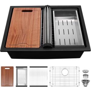 Davivy 27 Inch Black Granite Sink Workstation, 27 X 19 Granite Composite Kitchen Sink Undermount & Drop in, Deep Single Bowl with Accessories