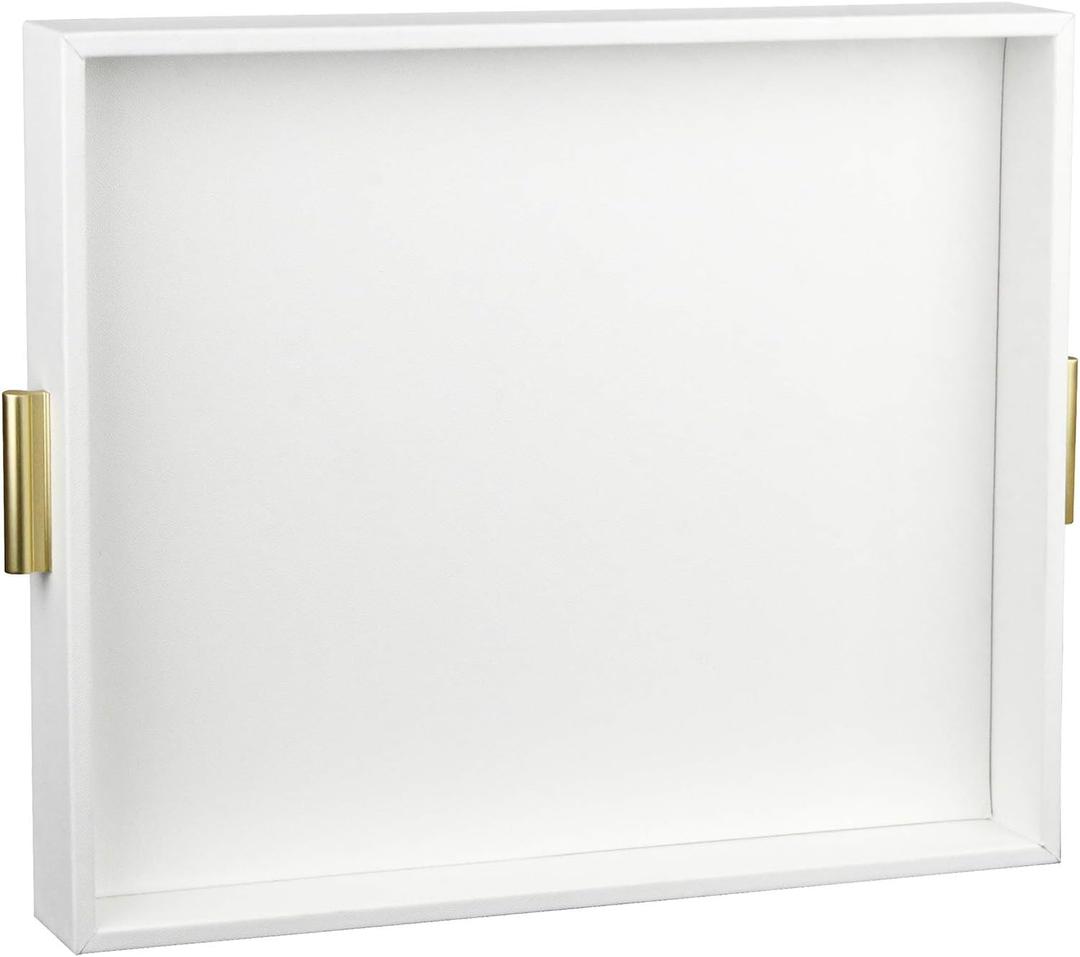 HofferRuffer Extra Large Serving Tray with Handles, Elegant Faux Leather Storage Decorative Tray for Coffee Table, Ottoman, Console Table (White Tray+Golden Handle) (20" x 16" x 2.2")