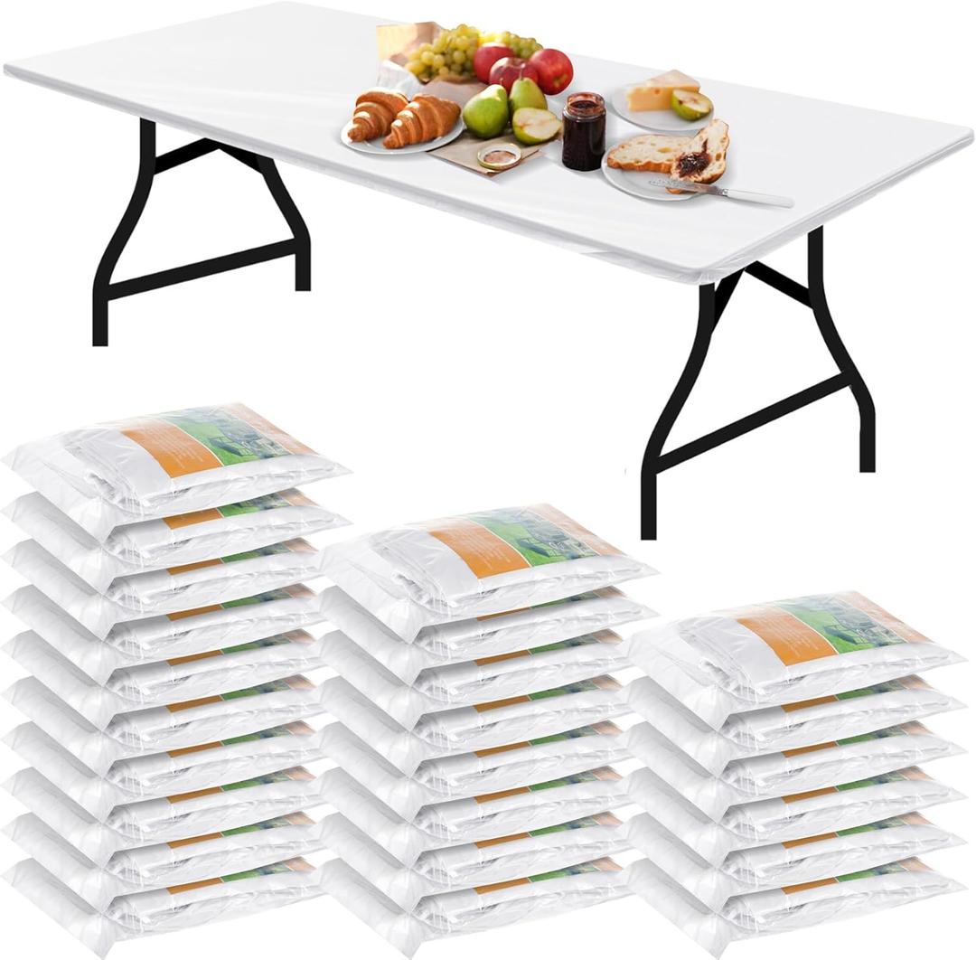 Boao 24 Pcs Summer Plastic Table Cloth Rectangle Picnic Table Covers Elastic Fitted Tablecloth, Disposable Waterproof for Camping, Indoor, Outdoor (White,6 Ft, 72 x 30 Inch)