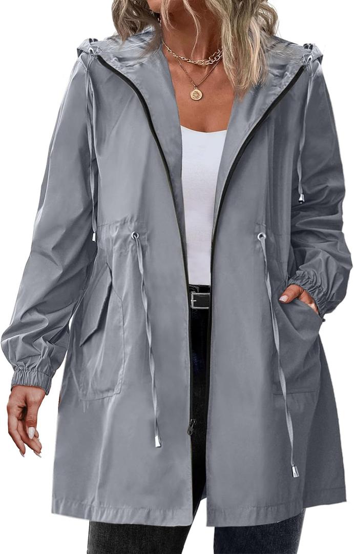 IN'VOLAND Women's Rain Jacket Plus Size Long Raincoat Lightweight Hooded Windbreaker Waterproof Jackets with Pockets (Grey)