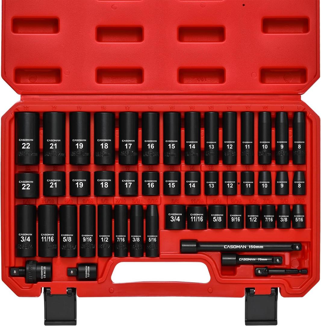 CASOMAN 3/8" Drive Impact Socket Set, 49 Piece Standard SAE and Metric Sizes (5/16-Inch to 3/4-Inch and 8-22 mm), 6 Point, Cr-V Steel Socket Set