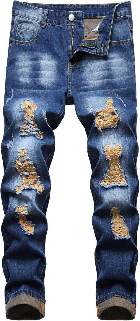 QIMYUM Mens Ripped Jeans, Distressed Destroyed Slim Fit Straight Leg Denim Pants (28, Dark Blue891)