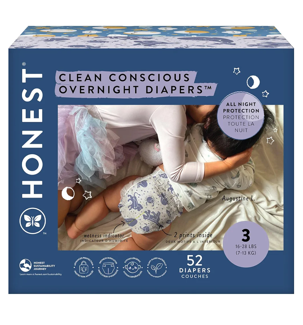 The Honest Company Comfort Dry Disposable Overnight Diapers for Sensitive Skin, Hypoallergenic, Baby Cozy Cloud and Star Signs Design Club Box Size 3 (16–28 lbs) 52 Count