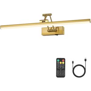Joossnwell Battery Operated Picture Light for Wall Rechargeable Art Lighting for Paintings Wireless 23.62Inch Picture Frame Light with Remote Dimmable Gallery Light Brass for Library Artwork Museum, 23.62 inch long