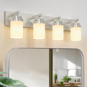 IZORRO Bathroom Vanity Light Fixture, 4-Light 30 Inch Brushed Nickel Bathroom Light Fixtures Over Mirror, with White Glass Shade, Modern Farmhouse Vanity Lights, Rustic Restroom Lighting Fixtures