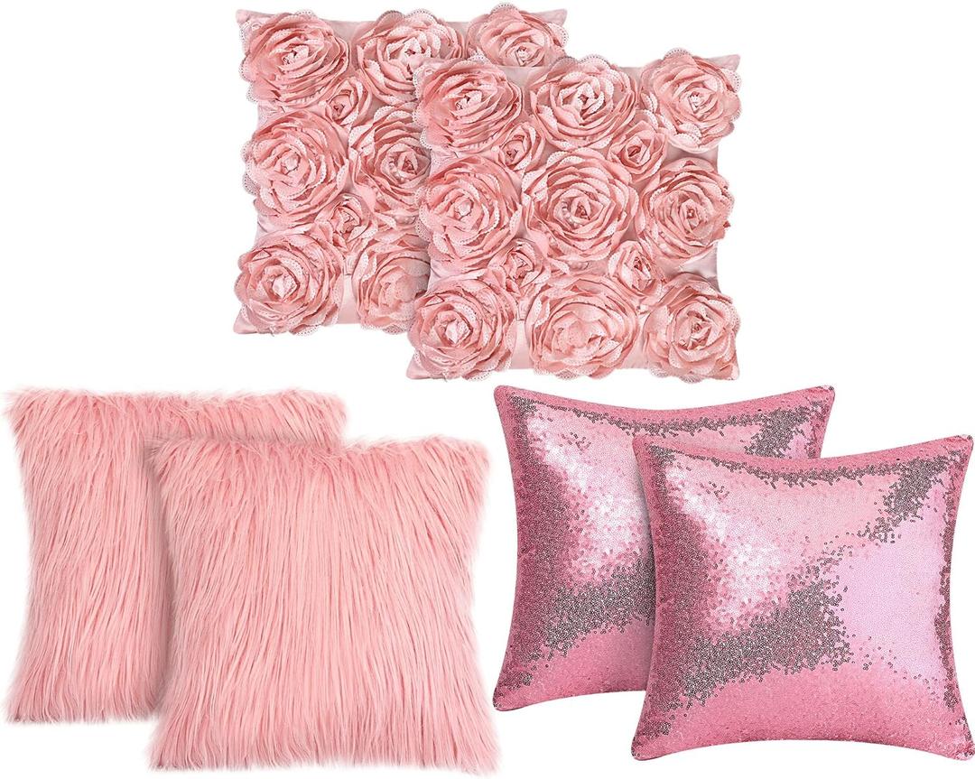 Oudain 6 Pcs Decorative 3D Rose Flower Pillow Cover, 16 x 16 Inch Faux Fur Throw Pillow Covers for Bed Square Sofa Bedroom Car(Pink Colors)