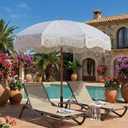 7ft Patio Umbrella with Fringe, Boho Beach Umbrellas, Outdoor Tassels Umbrellas with Push Button Tilt & Carrying Bag, 8 Windproof Fiberglass Ribs, UPF50+