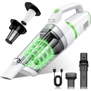 AHNR Handheld Vacuum Cordless, 16000PA Powerful Suction Hand Held Vacuum Dust Busters Cordless Rechargeable with LED Light & 2 HEPA Filters, Portable Car Vacuum Cleaner High Power for Car Home Office (White & Green)