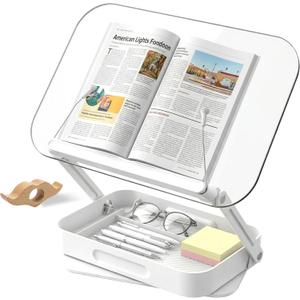 Book Stand for Reading, Acrylic Adjustable Book Holder with Book Page Holder, 360°Cookbook Stand with Storage for Kitchen Counter, Hands Free Recipe Book Holder for Textbook Cookbook, Clear