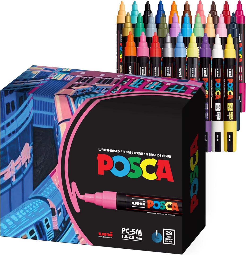 Uni Posca Paint Markers, 5M Medium Acrylic Markers with Reversible Tips, Artist Recommended For Gifts, Decorations, Fabric, Metal, Glass, Wood and Canvas, Assorted Colors, Set of 29