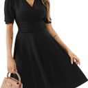 Women's Summer Casual Dress Short Sleeve Wrap V-Neck A-Line Dress Sundress Wedding Guest Cocktail Midi Dresses (Black, L)