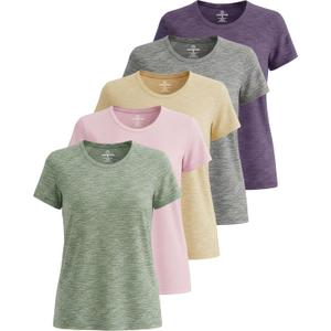 Real Essentials 5 Pack: Women's Short Sleeve T-Shirts Workout Tops Fitness Pilates Gym Activewear Athletic (Medium)
