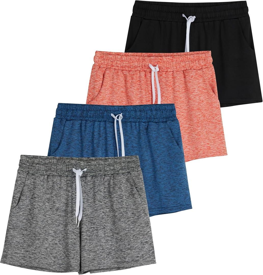 Real Essentials 4 Pack: Girls Athletic Performance Dry-Fit Running Shorts with Drawstring & Pockets (L)