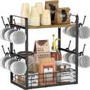 elevate your coffee experience with our 2-tier wooden shelf, the ultimate coffee station organizer and coffee pod holder, featuring a stylish mug tree for your coffee bar accessories.