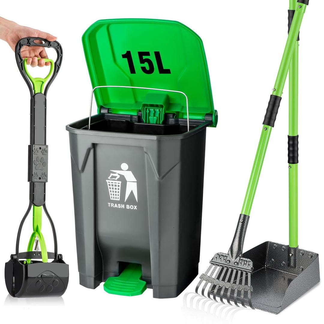 MXF Pooper Scooper Set - 28" Dog Pooper Scooper & Long Handle Stainless Metal Tray & Rake, 15 Litre Step Dog Poop Trash Can w/Removable Inner Bucket, 20 Waste Bags for Outdoors