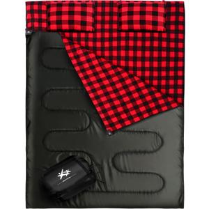 Double Sleeping Bag Flannel for Adults Kids, Queen Size for 2 Person with 2 Pillows, Warm & Cold Weather Sleeping Bag for Camping, Hiking, Waterproof Lightweight with Compression Sack (Black)