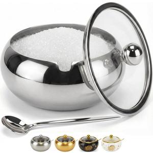 15OZ Sugar Bowl with Glass Lid and Spoon, Sugar Container of Coffee Bar Accessories, Stainless Steel Jar for Salt, Tea, Brown Sugar Cube, Dishwasher Safe, Kitchen Decor Countertop Storage, Silver