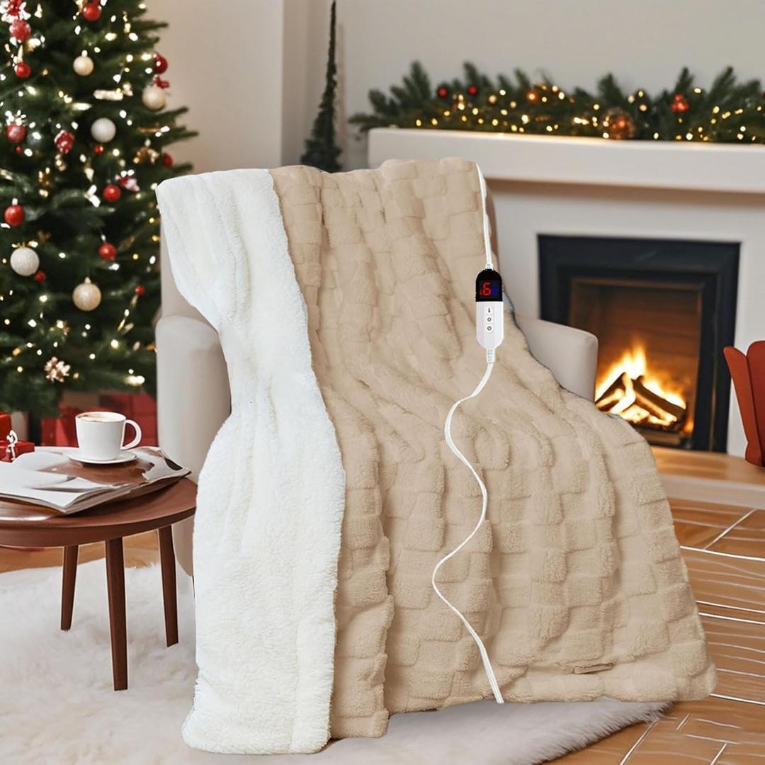 Heated Blanket with 6 Heating Levels 10 Hours Time Setings and Auto-Shut Off, Soft Checked Flannel Fast-Heating Electric Blanket (Khaki, 90"X100")