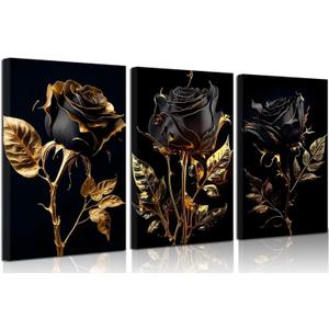DHEEM 3Pcs Abstract Black And Gold Rose Wall Art Canvas Wrapping 16x24in, 24"LX 16"W-Canvas