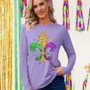 LAZYCHILD Mardi Gras Shirt for Women: Fat Tuesday Shirts Mardi Gras Long Sleeve New Orleans Carnival Party Tops (Purple, XL)