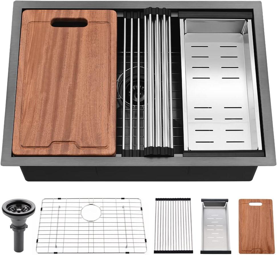 27 Inch Black Undermount Kitchen Sink Workstation-Bokaiya 27x19 Stainless Steel Undermount Sink 16 Gauge Deep Single Bowl Kitchen Sinks with Cutting Board, 27 W x 19 D x 10 H