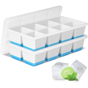 Large Ice Cube Trays 2 Pack, Silicone Easy-Release and Flexible Ice Cube Molds with Lids,1.8" Big Square Cubed Ice Trays for Whiskey and Cocktail, BPA Free and Dishwasher Safe (Blue White)