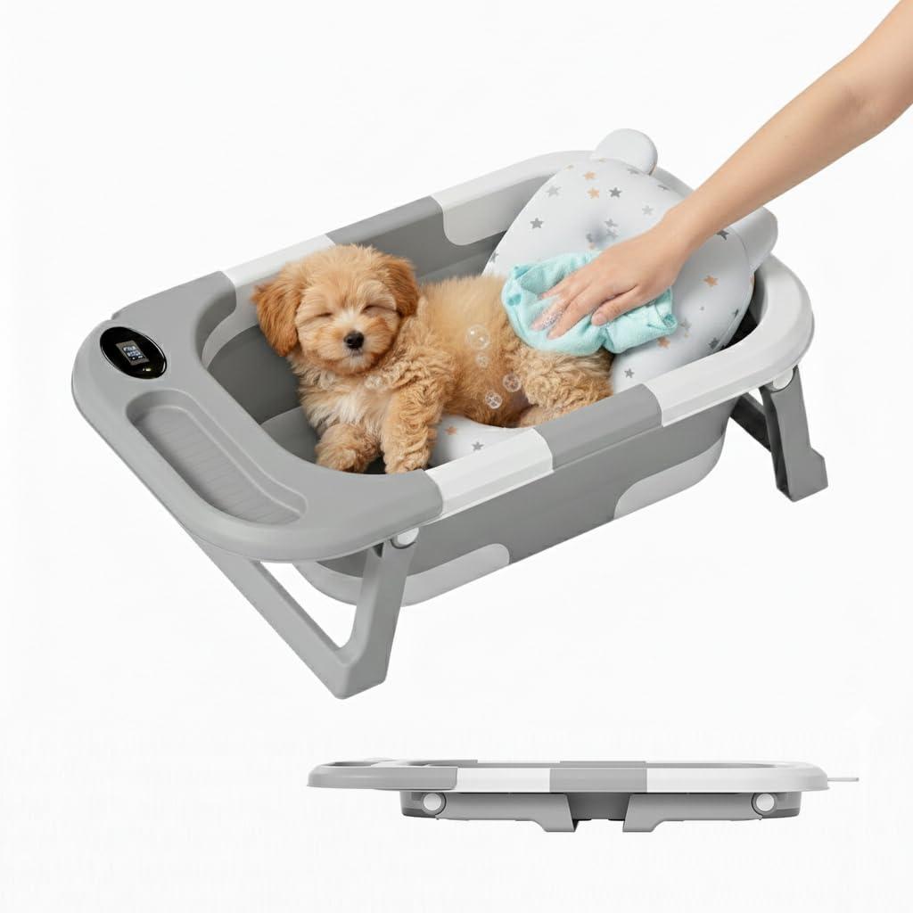 Dog Bath Tub with Water Drain Plug Portable Collapsible Bathtub for Dog Bathing and Washing Foldable Dog Bath Space Saving Design for Small Medium Pets and Cats Gray
