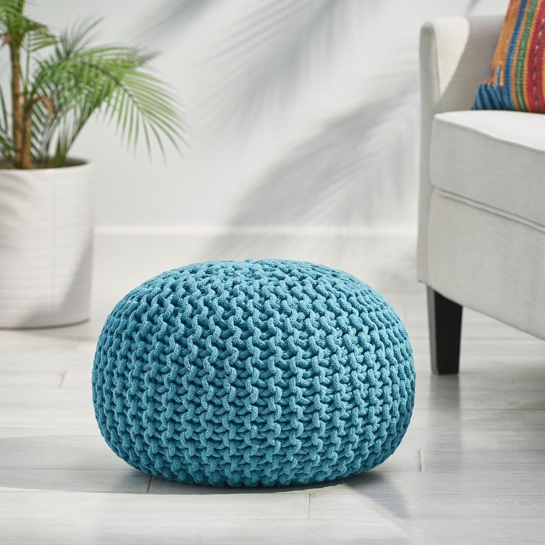 Bean Bag Chair Pouf, Modern Knit Weave Design, Aqua Color, 20 W x 20 D x 14 H, Easy Maintenance, No Assembly Required, Cozy Home Decor Accessory