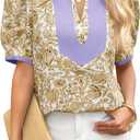 Cicy Bell Womens Floral Short Puff Sleeve Tops V Neck Patchwork Boho Summer Vacation Casual Blouses (Purple, XL)