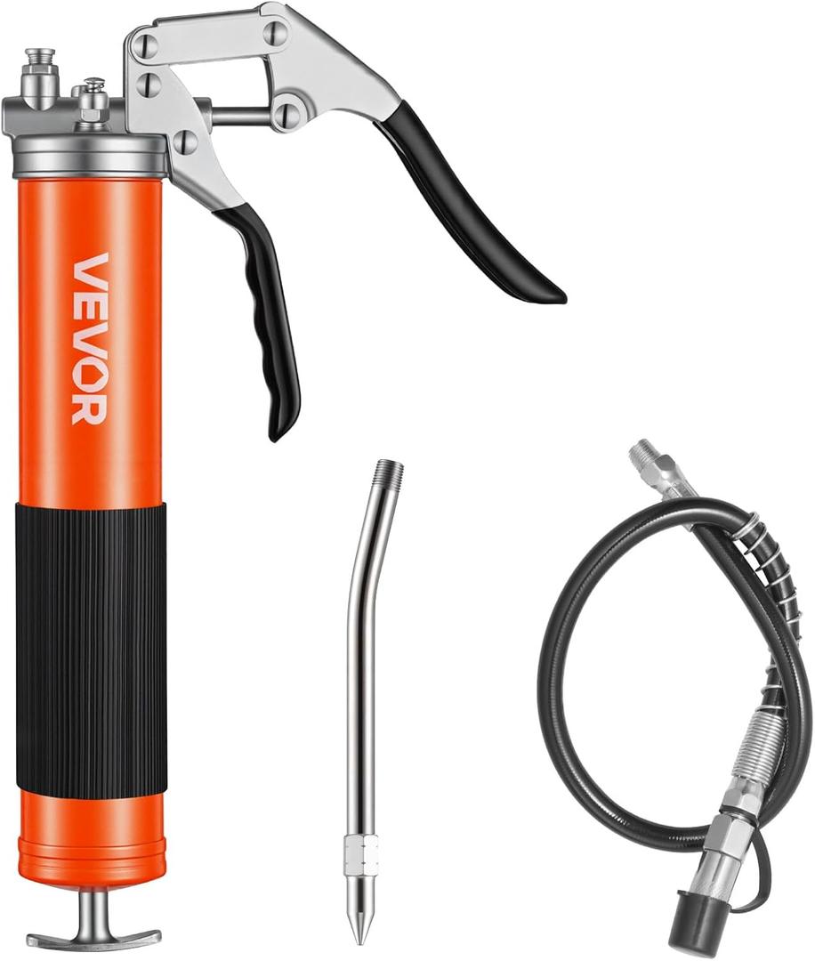 VEVOR Grease Gun, 8000 PSI High Pressure, Heavy Duty Pistol Grip Grease Gun Kit with 14 oz Capacity, Includes 18-Inch Flex Hose, 1 Extension Rigid Pipe and 1 Sharp Type Nozzle for Automotive, Marine
