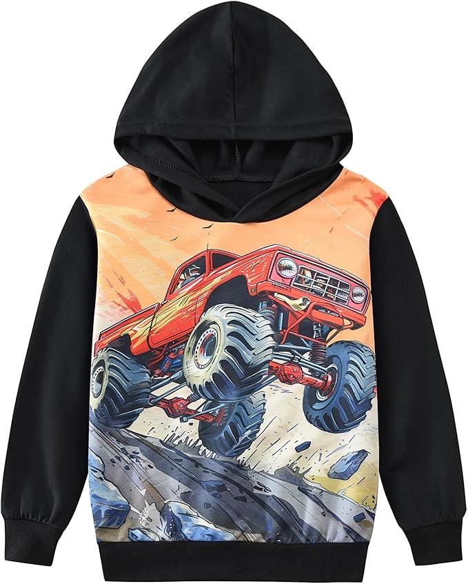 DDSOL Toddler Boy Hoodie Shirt Long Sleeve 3D Graphic Monster Truck Tops Active Sweatshirt 6T
