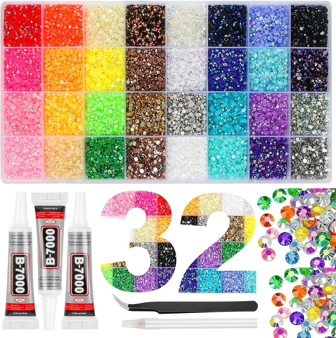 37000Pcs 32 Colors Resin Jelly Rhinestones for Bedazzling, 3mm Multicolor Flatback Gems for Crafting, Bedazzler Kit with 3Pcs 10ml B7000 Glue for Clothes Book Shoes Nails Art Makeup