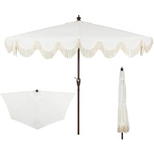 JONATHAN Y Half Umbrella UMB1201D Beverly 9 ft. Designer Classic Scalloped Fringe Market Patio with Crank, Push Button Tilt and UV Protection in Cream/White