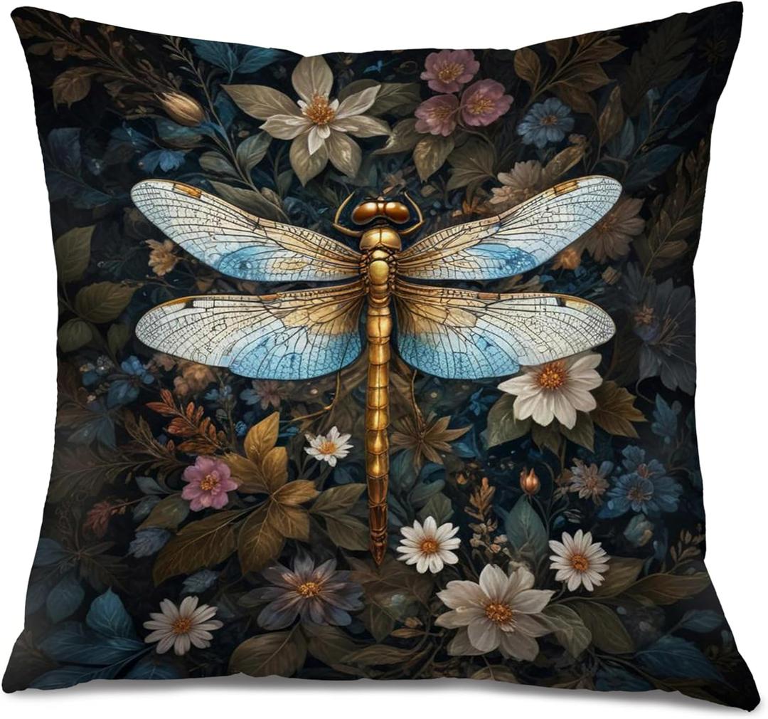 Vintage Moody Floral Dragonfly Pillow Covers 18x18, Dark Cottagecore Room Decor, William Morris Flower Botanical Dragonfly Decorative Pillow Covers for Home Bedroom Living Room