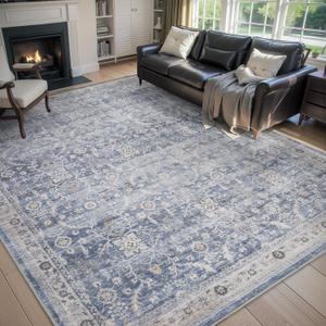 MontVoo-Vintage Area Rug 9X12 Blue Rugs for Living Room-Soft Distressed Printed Rugs for Bedroom-Non Slip Carpet-Machine Washable Rug for Dining Room Living Room Bedside Office