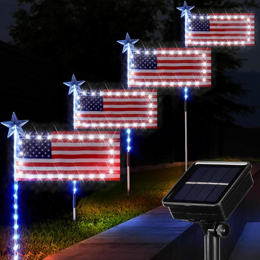 Solar Powered American Flag Pathway Lights, 4PCS Large Patriotic Flag Lights with Growing Pole, 8 Modes, Waterproof for 4th of July Walkway, Yard, Lawn Dcor, Flag Size 13x5.7inch, Stake Size 30.7inch