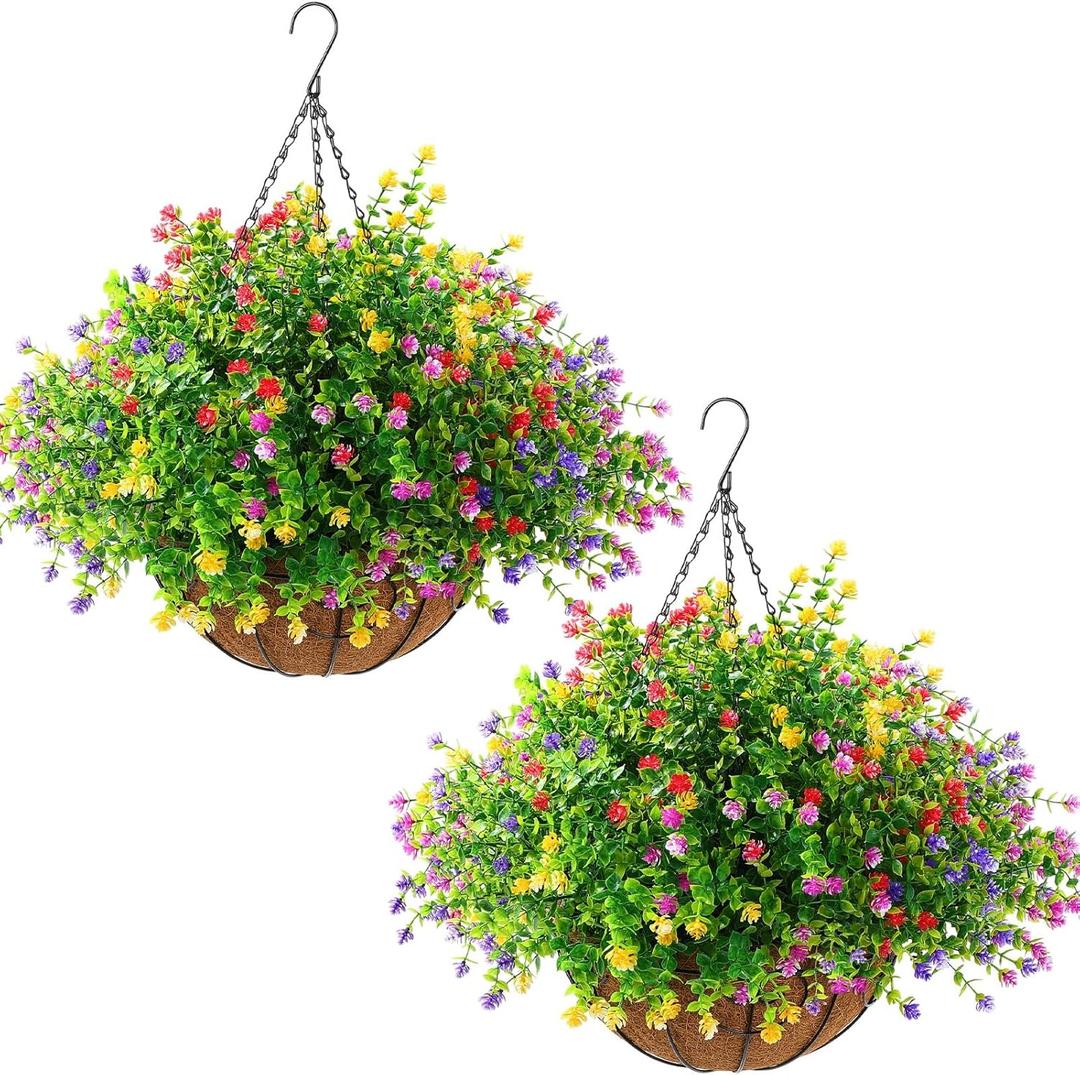 Lyrow 2 Pcs Artificial Hanging Flowers with Fake Basket Outdoor Realistic Hanging Plants with 12 Inch Coconut Lining Basket for Patio Lawn Garden Porch Decor(Colored)