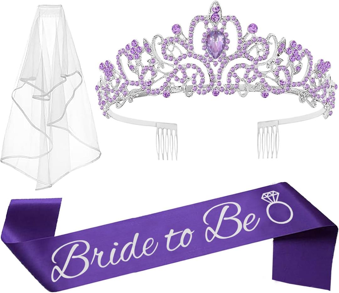 JETKONG 3 Pcs Bachelorette Party Decorations Bridal Shower Crown, Bride to Be Sash&Veil for Women Bachelorette Party Gifts, Bachelorette Party Supplies, Gifts, Favors (Purple)