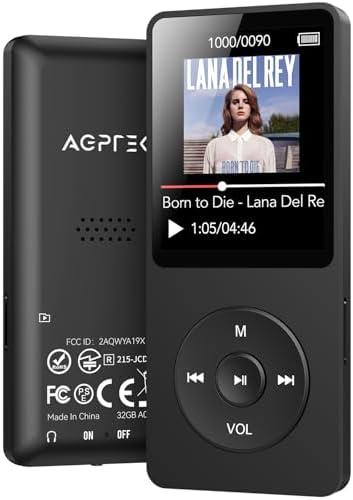 AGPTEK A02 MP3 Player with Bluetooth 5.3, 1.8" Screen Portable Music Player with Speaker, FM Radio, Voice Recorder, Supports Expanded Up to 128GB(Black, 32GB)