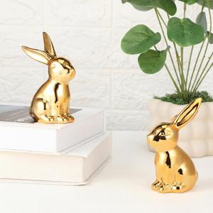 Wesiti 2 Pcs Easter Decorations Golden Bunny Figurines Set 4.5 Inch Ceramic Easter Rabbit Statue Vintage Bunny Figurine Gifts for Couples Home Office Table Decor Spring Party Supplies (Large)