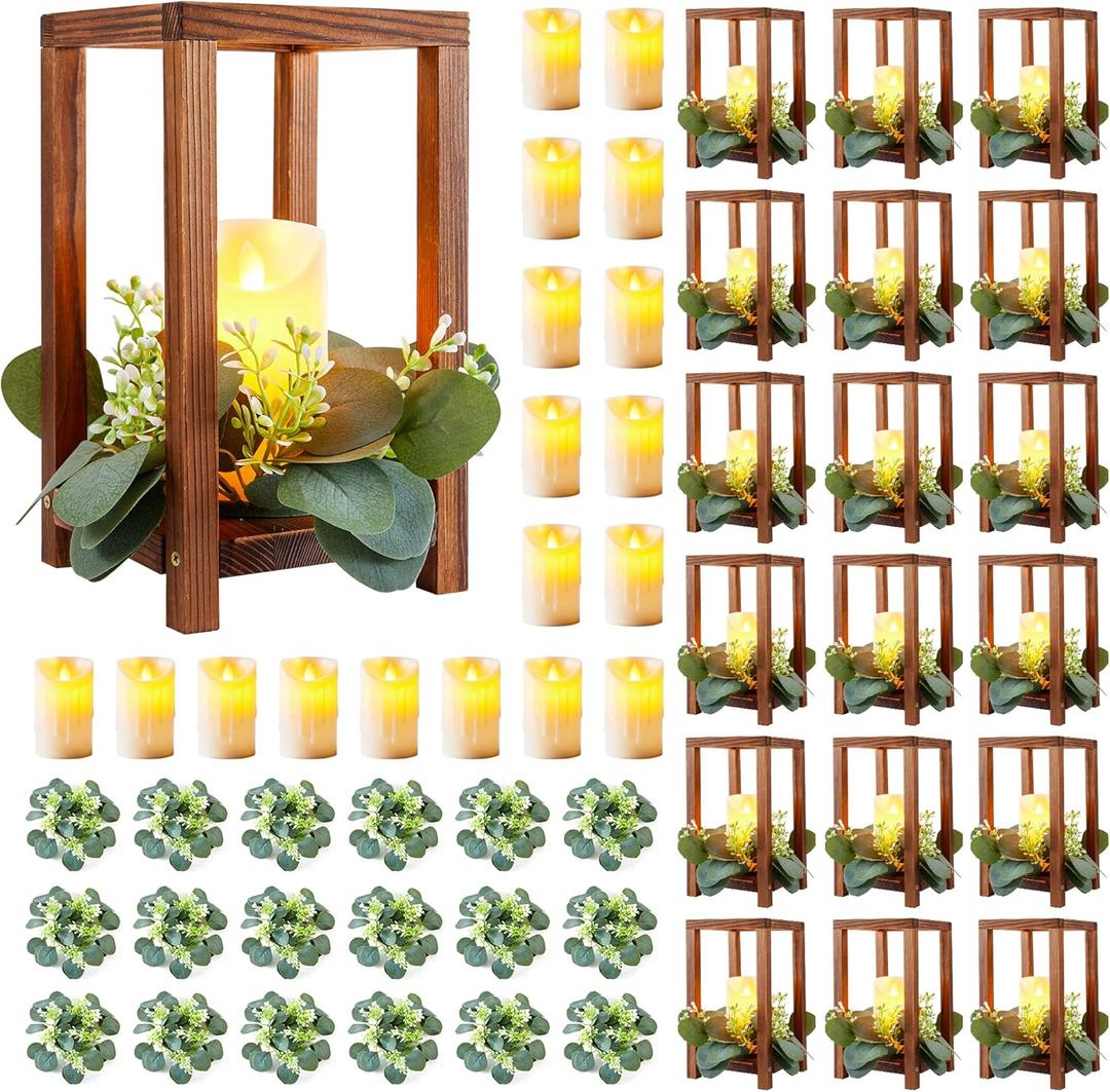 54 Pcs /18 Set Wedding Lantern Centerpiece for Table-Wooden Candle Lantern Bulk Includes 18 Farmhouse Wooden Candle Holder 18 Flameless LED Candles 18 Eucalyptus Leaves Wreath for Decoration