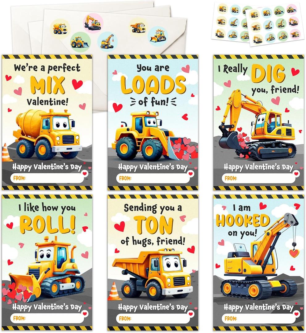 MAPDTWO 36 Packs Construction Valentines Day Cards - Construction Valentines Day Card for Classroom School, Boys, Children - 3.2''x 4.7'' Cute 6 Designs Exchange Cards