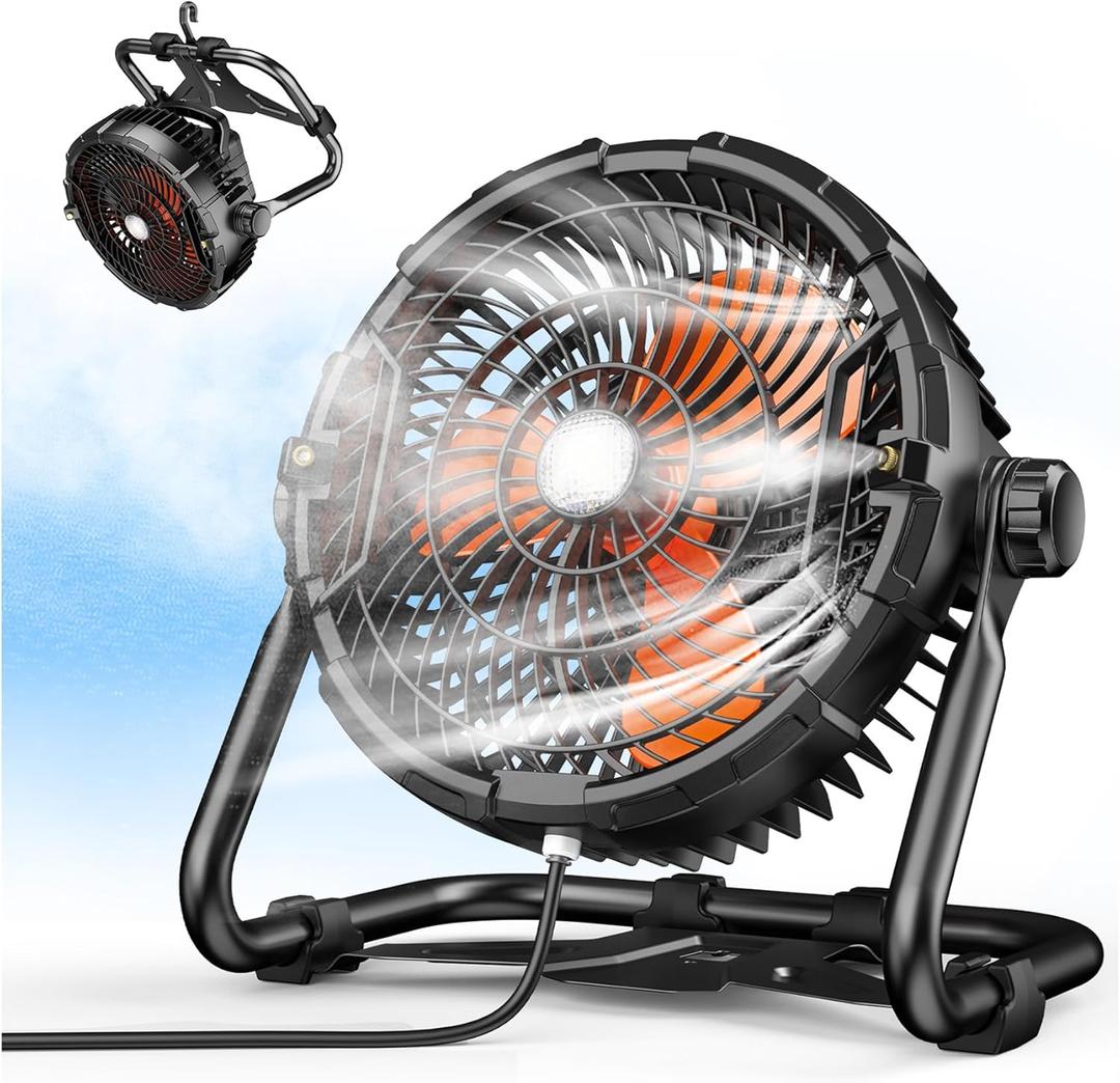 35000mAhRechargeable Outdoor Floor Fans, 12" Misting Cooling Fan,Hurricane Preparedness Supplies Items |22ft Water Pipe |12V Fast Charging |3-Level Light |Timing, for Garden,Greenhouse,Warehouse,Gym