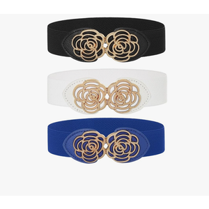 3Pcs Stretch Belt Black Vintage Flower Belt Women Fancy 1.5 Inch Elastic Belts Girls Waist Accessories for Dress