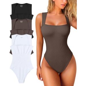 OQQ Women's 3 Piece Bodysuits Sexy Ribbed Strappy Square Neck Sleeveless Tummy Control Tank Tops Bodysuits (Medium, Black,tea Leaf,white)
